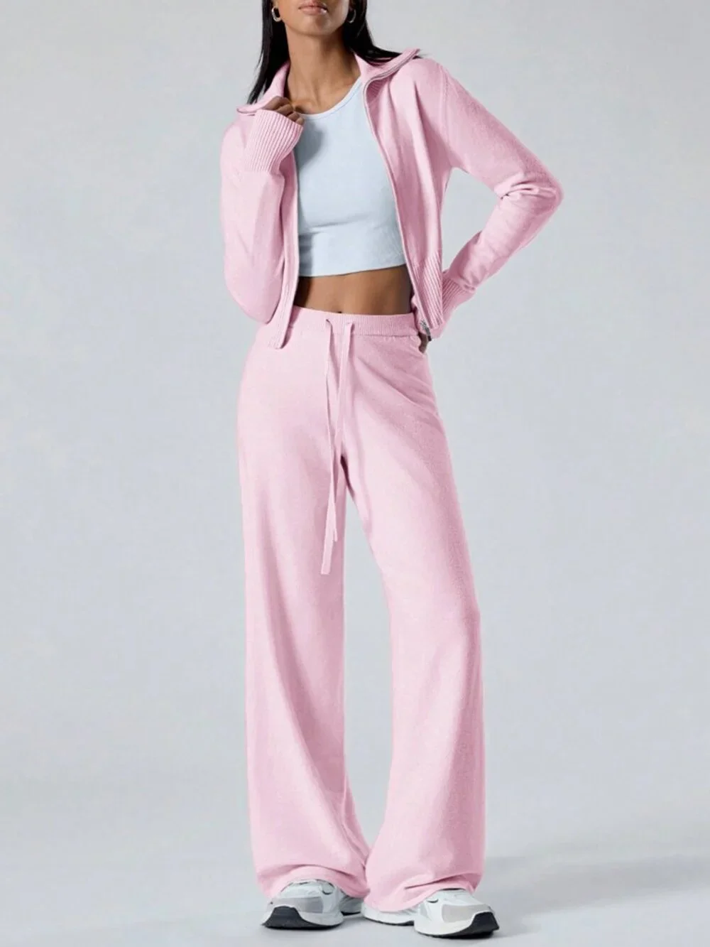 Women's Long Sleeve Zip-Front Cardigan And Knitted Long Pants Casual coord set